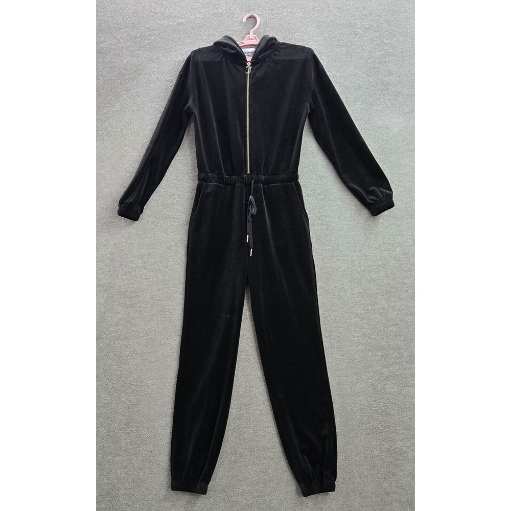 Juicy Couture Women Jumpsuit XS‎ Black Velour Long Sleeve Logo Polyester READ